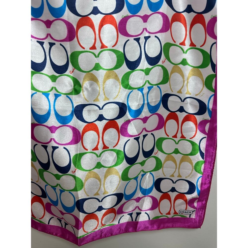 Coach Rainbow Signature 20” Silk Square Scarf Pink Border